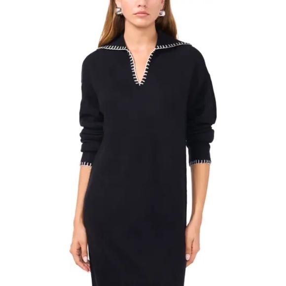 NWT 1.STATE Whipstitch Sweater Dress L Black Collared Knit Midi Preppy Winter - Picture 2 of 11